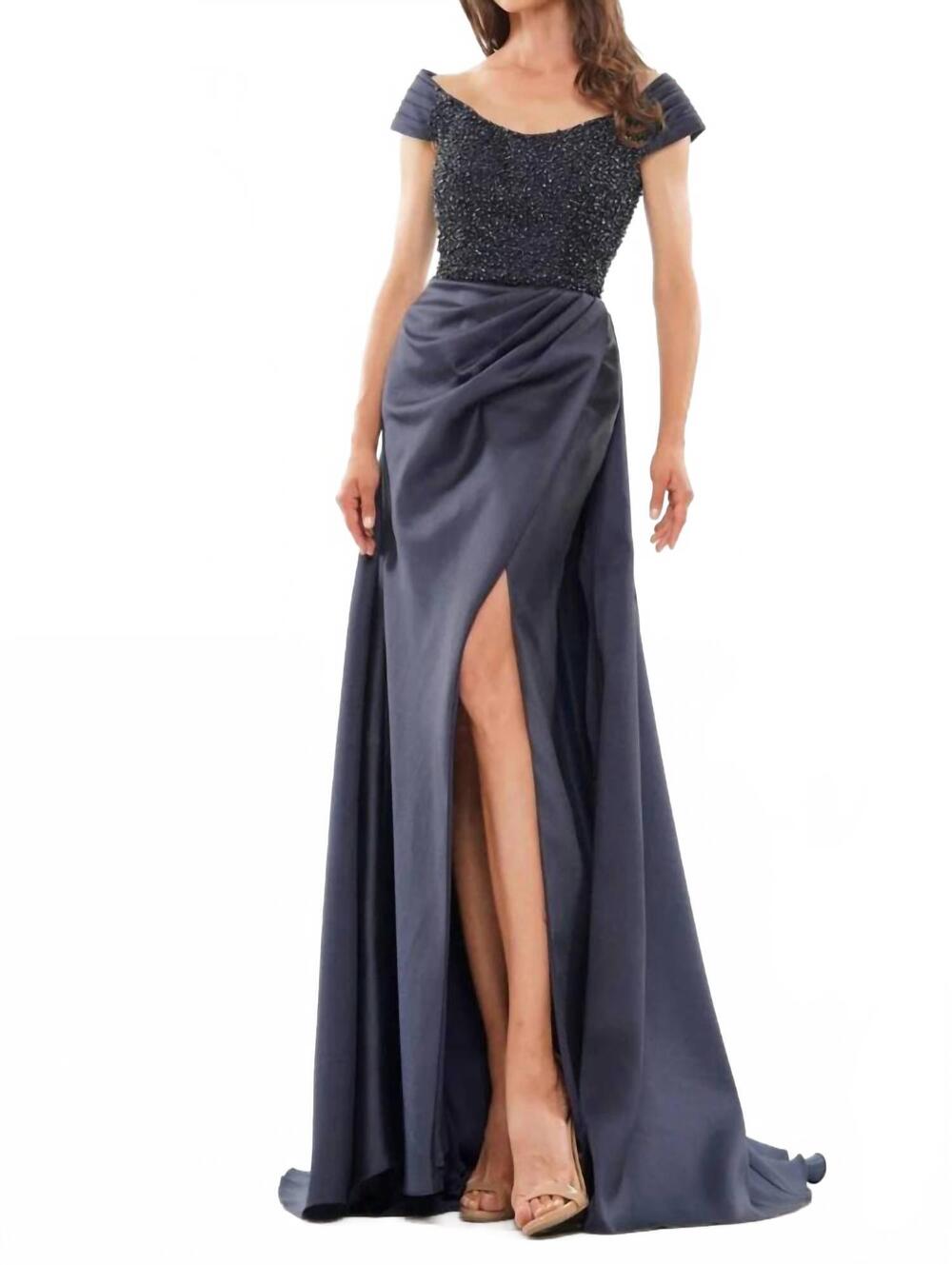 NEW COLORS DRESS beaded bodice gown in gun metal